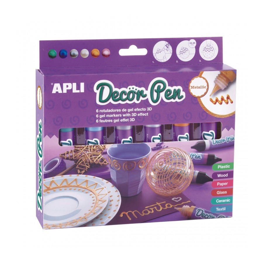 APLI 3D efektą suteikiantys metalizuoti markeriai „Decorpen“ (6 vnt.)