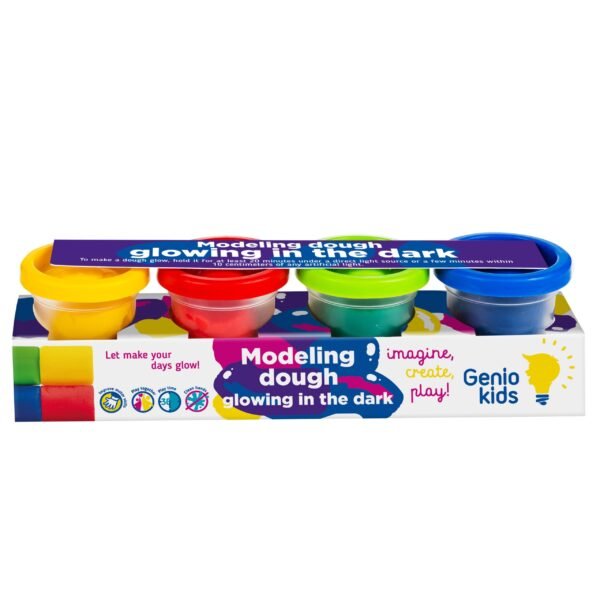 Genio Kids natūralus plastilinas - modelinas 4 šviečiančios tamsoje spalvos po 50 g
